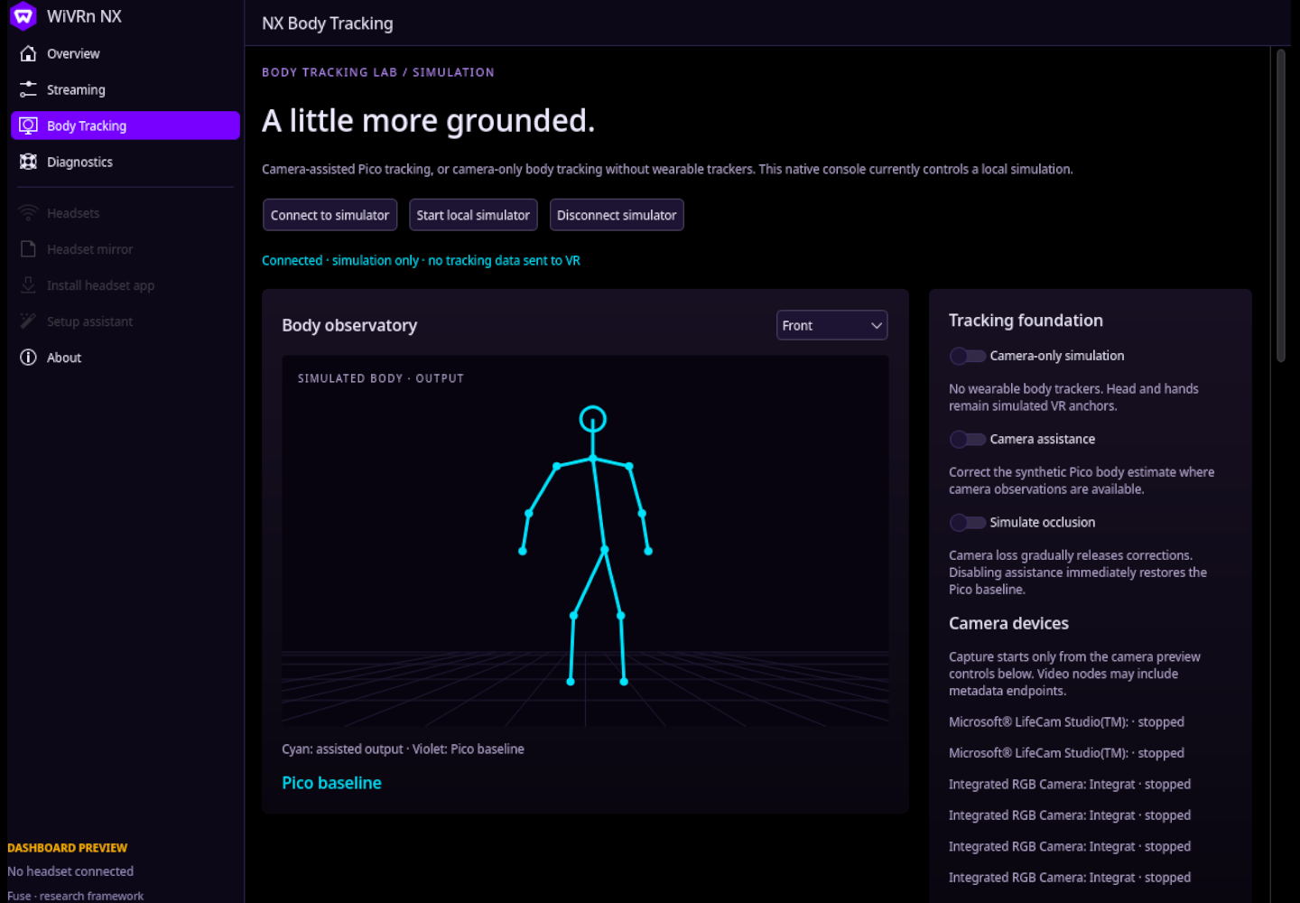Native WiVRn NX Body Tracking preview with synthetic poses and stopped cameras