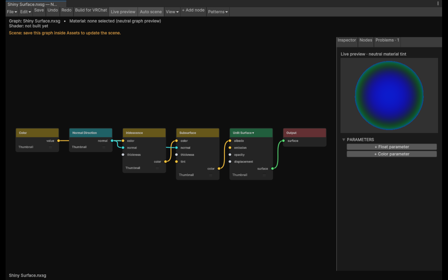 Actual NXSG node editor running in Unity on Linux, with connected material nodes and a live preview