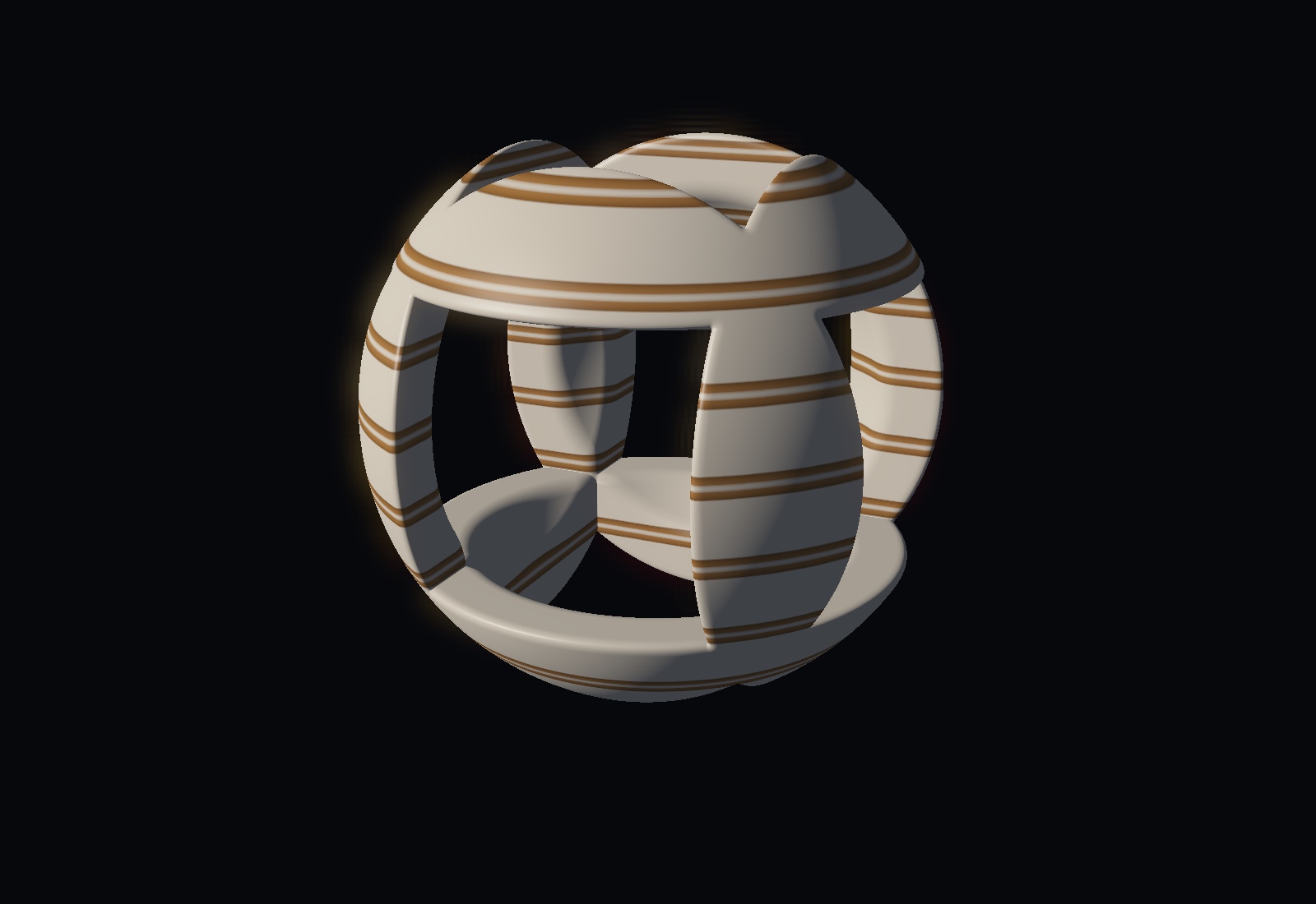 A hollow sphere with six openings and fine gold bands.
